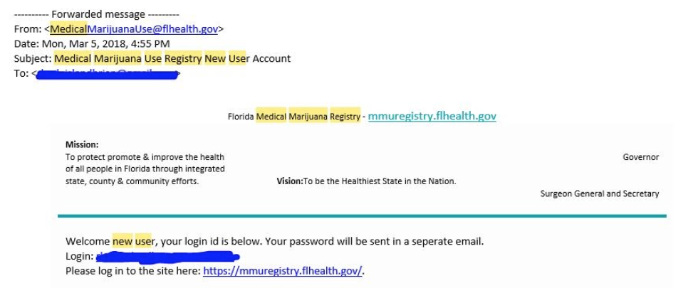 Example of First Email from Medical Marijuana Use Registry