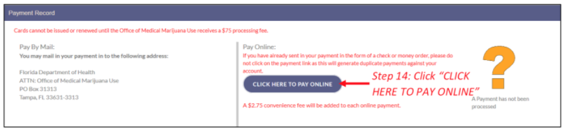 Example of interface for how to pay online from the Marijuana Use Registry Website