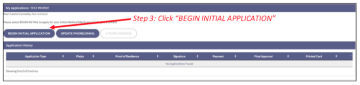 Example for navigating to 'begin your initial application' on the medical marijuana use registry website