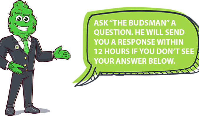 Illlustration: Marijuana flower dressed in suite with caption: "Ask 'The Budsman' a question. He will send you a response within 12 hours if you don't see your answer below.