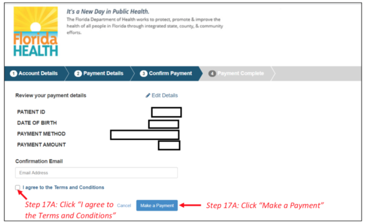Example showing where to click to agree to terms and conditions for payment from the Marijuana Use Registry website
