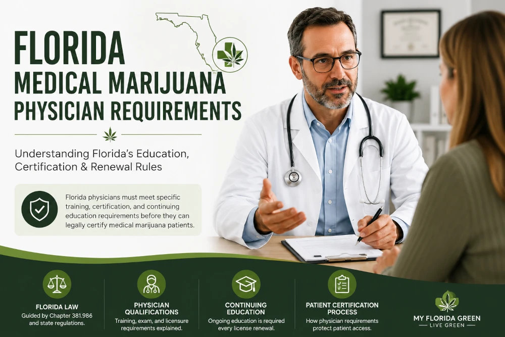 Florida physician discussing medical marijuana certification requirements with a patient during an in-person evaluation, illustrating Florida physician education, certification, and renewal requirements.