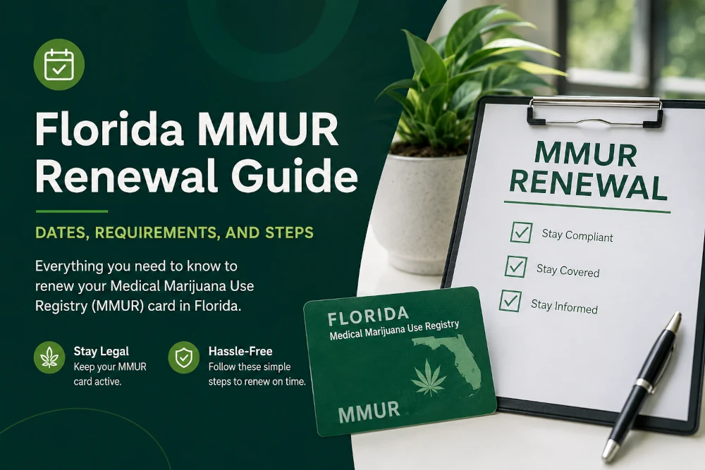 Florida Medical Marijuana Use Registry (MMUR) card renewal guide showing the 2026 renewal process, certification requirements, and renewal checklist.